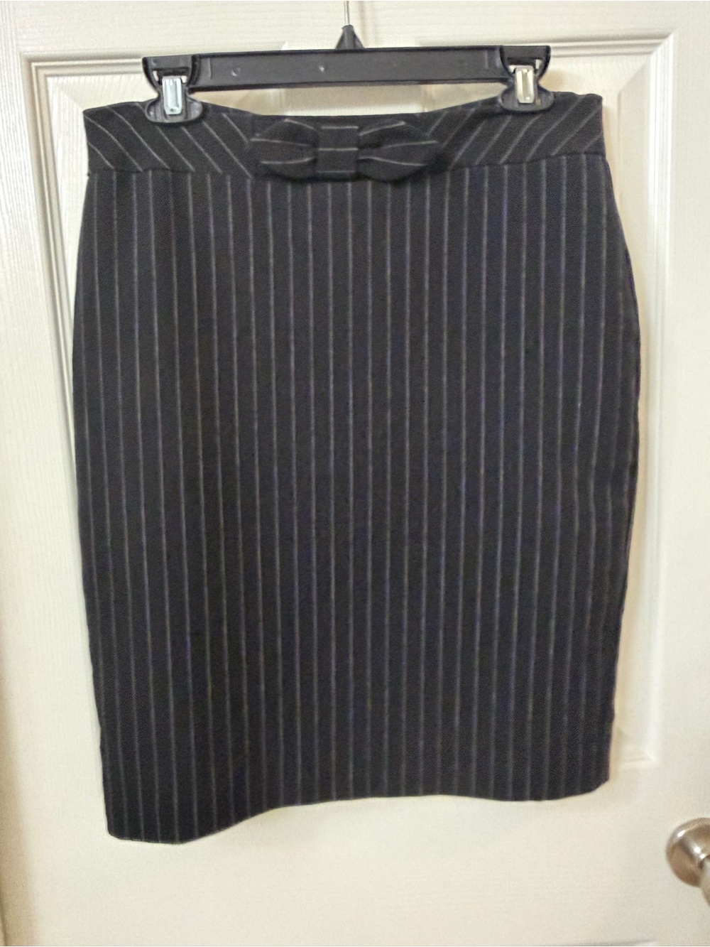 Ann Taylor Black Pinstripe Pencil Skirt with Front Bow